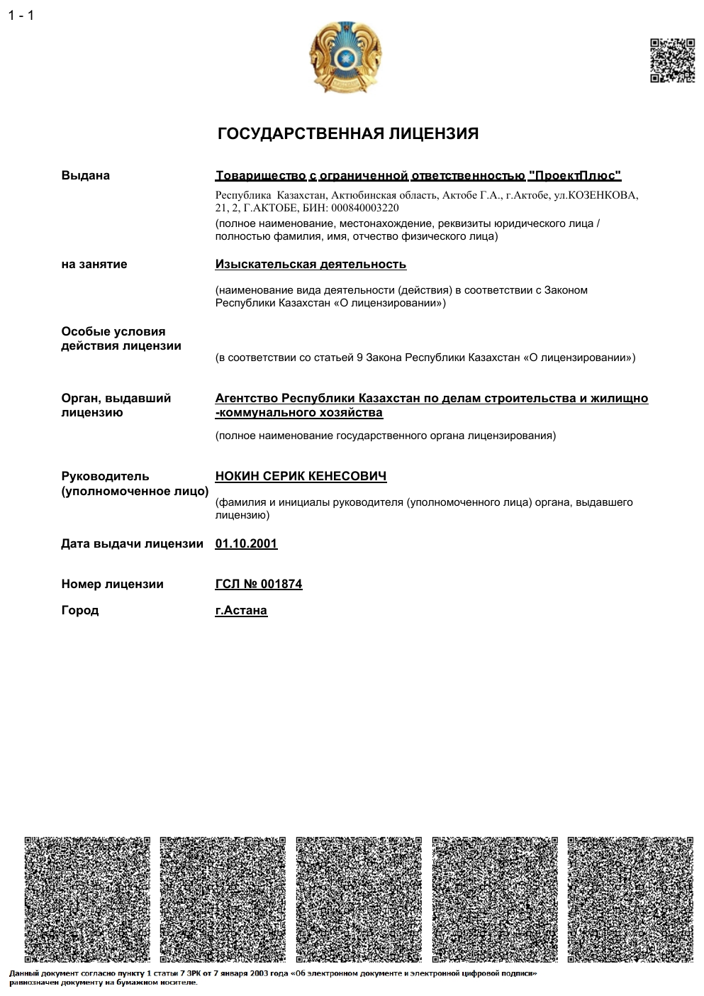 Первая страница лицензии №001874